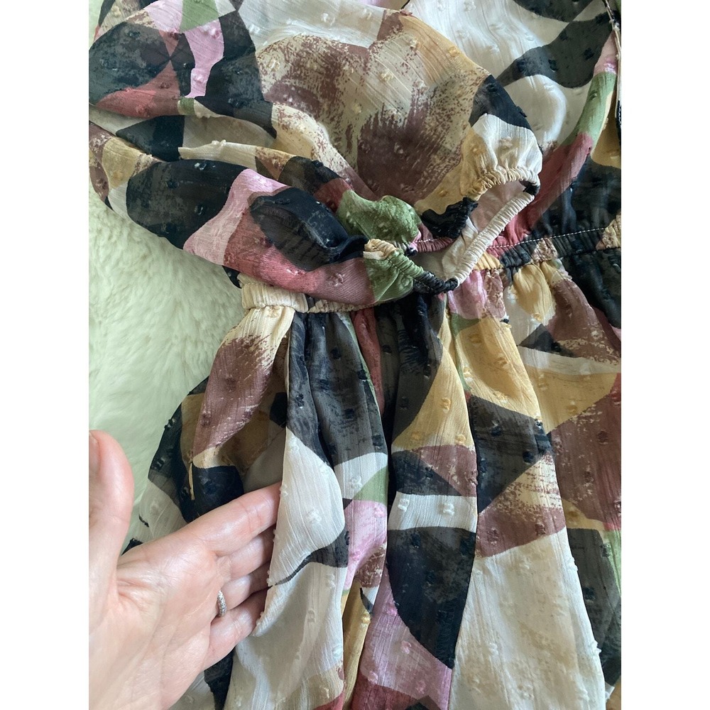 Torrid Mini Clip Keyhole‎ Dress Abstract Print Tie Neck 3/4 Sleeve Chiffon Lined - Picture 12 of 13